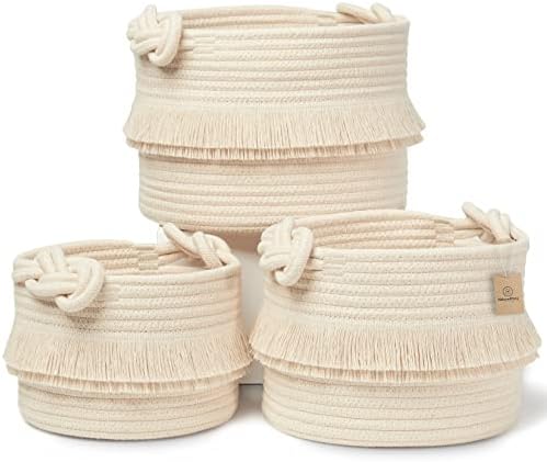 NaturalCozy 3-Piece Boho Decor Storage Basket Set – Cotton Rope Woven Baskets for Organizing! Small Basket for Baby Stuff, Baby Shower, Gift Basket, Nursery Basket, Planter, Toy Basket, Shelves by NaturalCozy