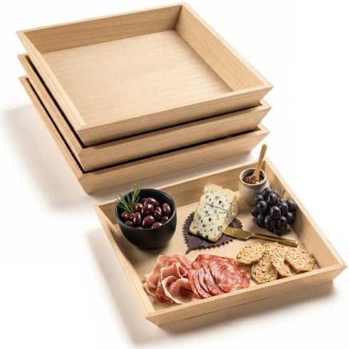 Hammont Wooden Serving Trays Set of 4, 12x12x1.25 Inches Natural Wood Serving Tray for Home Decor, Decorative Wooden Trays for Coffee Table, Ottoman, Kitchen Counter, Dining Table & Organization by Hammont