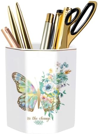Pencil Pen Holder for Desk, Ceramic Cute Makeup Brush Holder, Desktop Supplies and Accessories for Women Students, Art Supply Caddy, Butterfly Pattern by WAVEYU