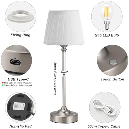 Kakanuo Cordless Table Lamp Rechargeable Silver - 1 Pack 4000mAH Battery Operated Lamp for Decor, 3000K Stepless Dimming Touch Control Wireless Lamp for Bedroom, Dining Table, Counter, Living Room - Image 3