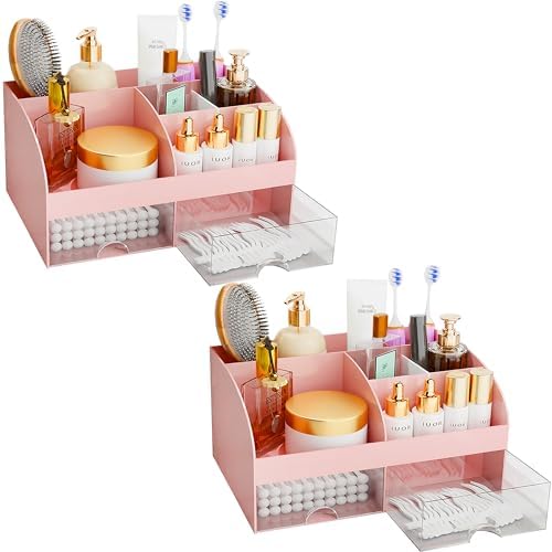 Makeup Organizer with Drawers, Cosmetic Storage for Dresser Vanity and Bathroom Countertop, Beauty Holder for Lipstick Brush, Skincare Organizer for Vanity, Cosmetic Display Case (Pink-2Pack) by COMFYROOM