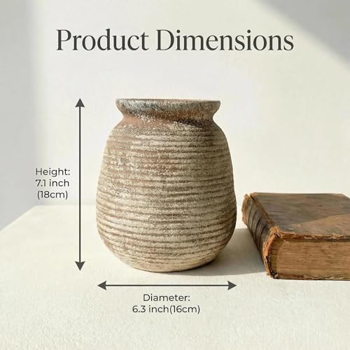 Rustic Terracotta Pot, 7 Inch Short Farmhouse Vase with Weathered Texture, Boho Home Decor for Pampas Grass, Tabletop, Mantel and Shelf Styling - Image 5