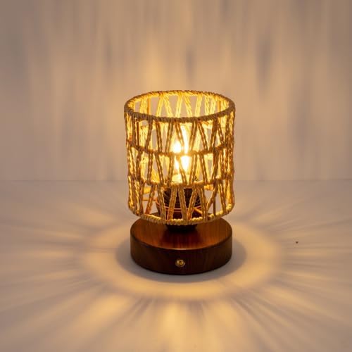 Cordless Operated Rattan Lamp, 5000mAh Rechargeable Dimmable Handwoven Open Weave Drum Table Lamp with Edison Bulb, Boho Nightstand Light for Bedroom Home Decor by DKCONONY