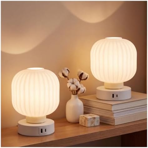 Elenhome Touch Bedside Glass Table Lamp Set of 2 with 3 Way Dimmable Light, Small Table Lamps with USB C+A Charging Ports - Bedroom Nightstand & Living Room Essential, Bulb Included by Elenhome