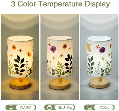 Pressed Flowers Table Lamp 5W LED 3Color Temperatures Dried Flower Bedside Lamp Linen Shade with Wood Base for Bedroom Living Room Desk Office - Image 4