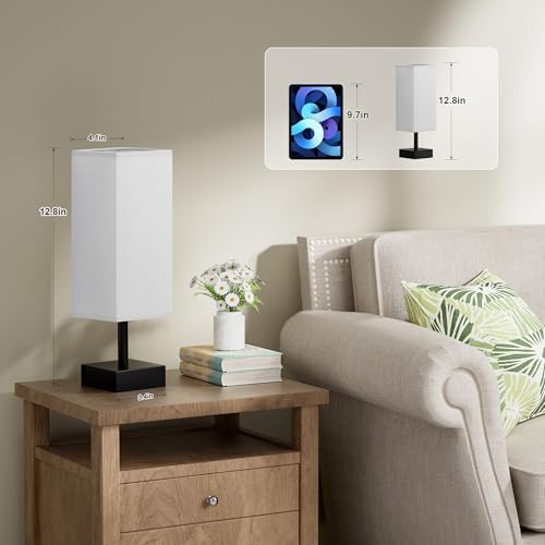 aooshine Small Bedside Table Lamp for Bedroom - Square Grey Fabric Shade - Image 3