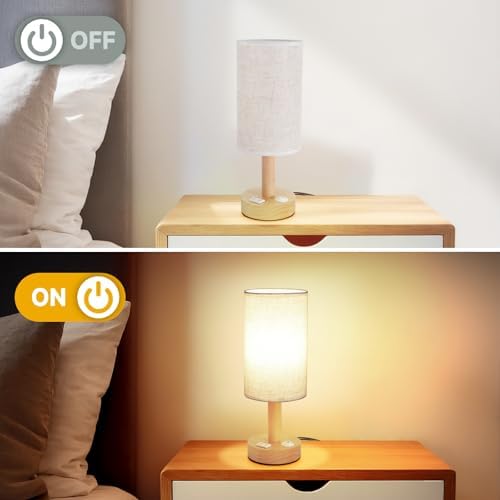 Small Bedside Table Lamp with AC Outlet,Natural Round Wood Base&Fabric Linen Shade,Cozy Night Table Light for Study Reading,Minimalist Boho Desk Lamp for Nightstand,Living Room,Nursery,Kitchen,Dorm - Image 7