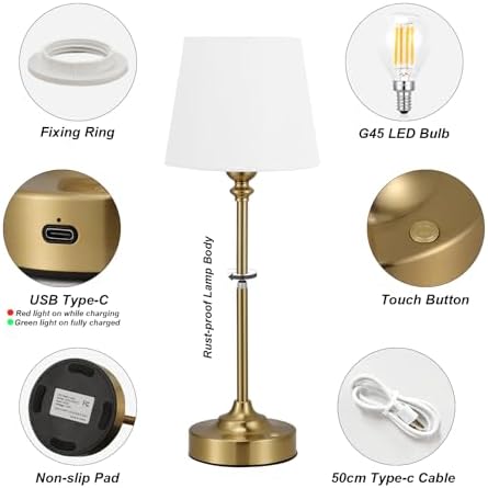 Kakanuo Cordless Table Lamps Rechargeable Set - 2 Pack Gold 4000mAH Battery Operated Lamps for Decor, 3000K Stepless Dimming Touch Wireless Lamp for Bedroom, Dining Table, Living Room, White Shade - Image 6