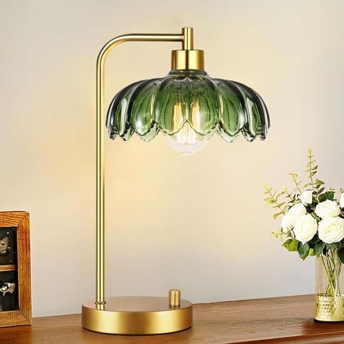 ILLMTW Glass Table Lamp Set of 2,Small Gold Bedside Lamps Dimmable Boho Bedroom Lamp with Tulip Flower Green Lamp Shade,Vintage Mid Century Modern Mini Nightstand Lamp for Bedroom Living Room - Image 4