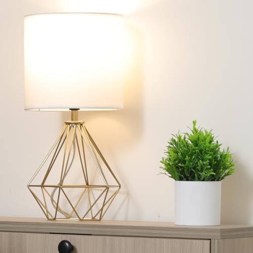 Gold Modern Small Table Lamp for Bedroom & Living Room - Geometric Metal Base, White Fabric Shade, Ideal for Bedside & Kids' Desk, Nightstand Lamp - Image 6