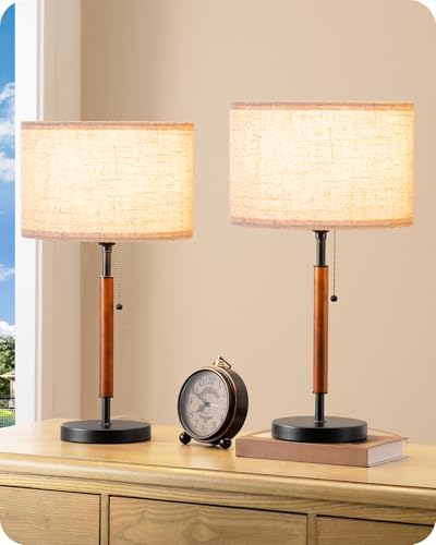 EDISHINE Mid Century Table Lamp Set of 2, Pull Chain Switch, Metal Base by EDISHINE