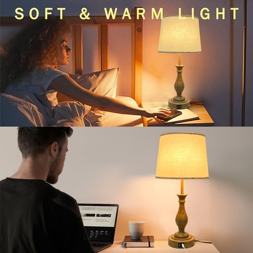 LALISU Farmhouse Table Lamp Touch Control 3-Way Dimmable Table Lamp, Modern Nightstand Lamp with 2 USB Port Bedside Desk Lamp with Fabric Shade for Living Room (Pack 1-Beige Shade & Touch) - Image 5