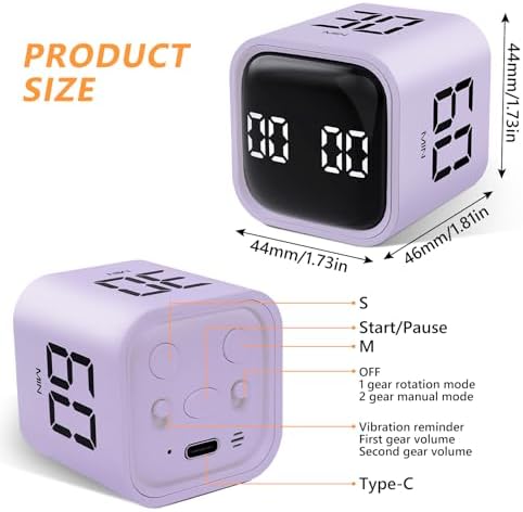 GuDoQi Multi-Function Cube Timer, 5/10/30/60 Min & Custom Count Down, Included Pause & Resume Feature, Silent, Vibrate & Adjustable Sound Alarm for Productivity in Tasks, Study & Kitchen, Purple - Image 2