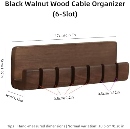 Black Walnut Wood 6‑Slot Cable Organizer,Cord Holder for Desk - Image 4