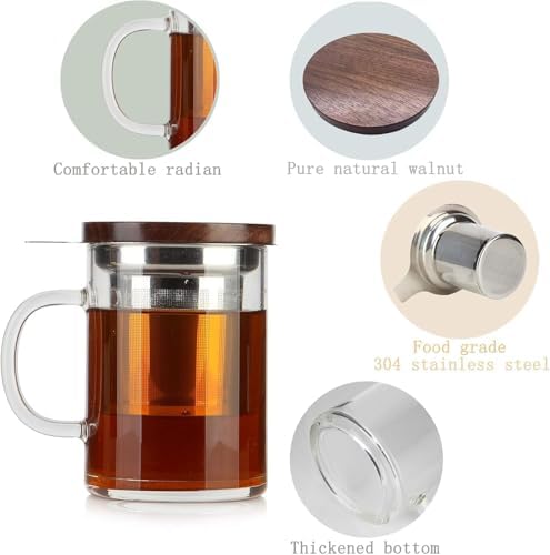 COMI Tea Cup with Infuser Walnut Lid&Handle, Glass Tea Cups with Wide Mouth Extra Large Capacity, Stainless Steel Tea Infuser Mug for Loose Leaf Tea Steeping(2PCS,14oz/400ml) - Image 3