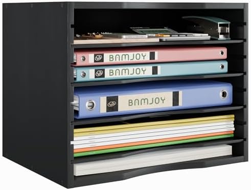 Bamjoy Wood 5 Tier Desktop Organizer, Paper Organizer Mail Sorter, File Holder Letter Document Storage with Adjustable Shelves for School Home Office, Black by Bamjoy
