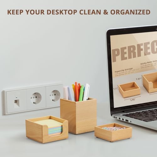Desk Organizer Set of 3 - Wood Office Desk Accessories - Desk Organizers and Accessories for Women Men - Set incl. Pencil Pen Holder, Paperclip Storage and Sticky Note Holder - Image 3