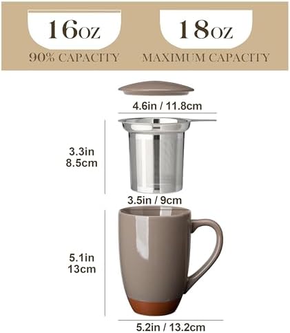 MALACASA Ceramic 18 oz Tea Mug with Lid and Infuser, Khaki Brown - Image 2