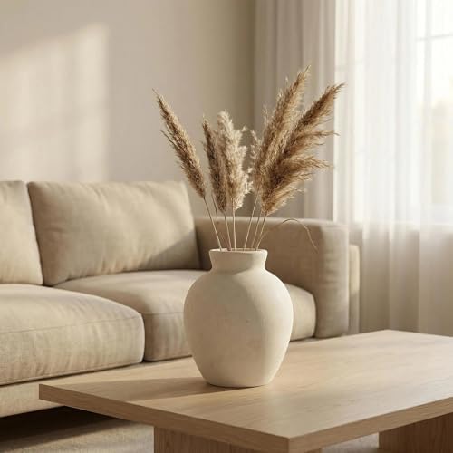 Rustic Terracotta Pot, Off-White Ceramic Flower Vase 6.1 Inch, Farmhouse Boho Centerpiece for Home Decor, Living Room, Table, Shelf, Mantel & Bathroom - Image 3