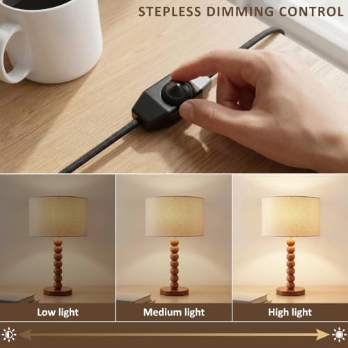 Buruis 17.5" Walnut Wood Beaded Table Lamp with Linen Shade, Dimmable,Beige - Image 5