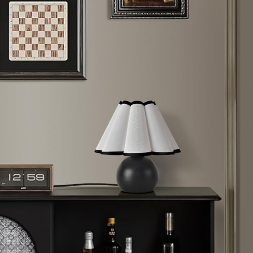 Matte Black Small Bedside Mini Table Lamp for Bedroom, Cute Bedroom Lamps for Nightstand, Cute Mini Table Lamps for Small Spaces with Scalloped Shade for Kitchen Counter, Bookshelf, Kids Dorm, Office - Image 2