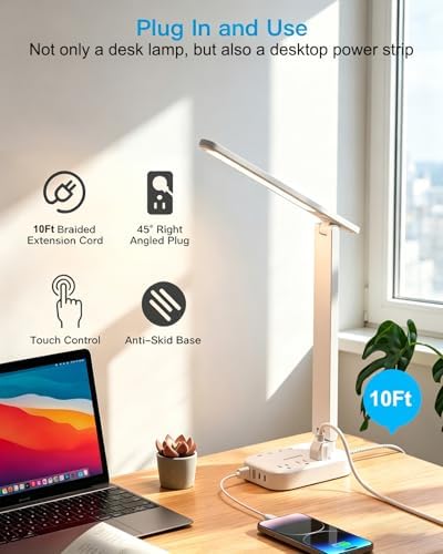 LED Desk Lamp, 10Ft Power Strip with 3 Outlets 4 USB Ports(2 USB C), White - Image 5