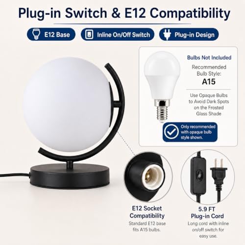 Black Globe Table Lamp, Plug-in Bedside Lamp, E12 Frosted Glass Shade - Image 5