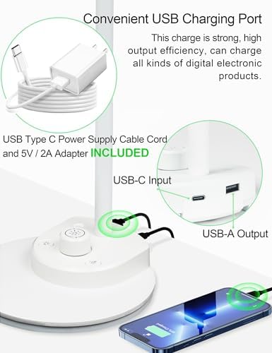 BOHON LED Desk Lamp with USB Charging Port, 3 Color Modes Dimmable, White - Image 4