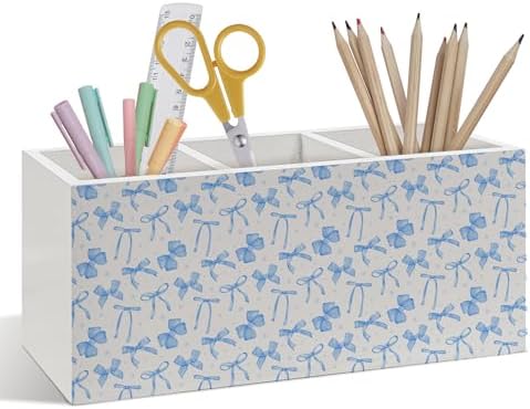 Blue Coquette Bow Pen Pencil Holder, Blue Bow Classroom Decor, Preppy Coquette Aesthetic Wooden Pen Pencil Organizer for Girly Girls Room Dorm Bedroom Playroom Office Desk Decor by Foyoulame