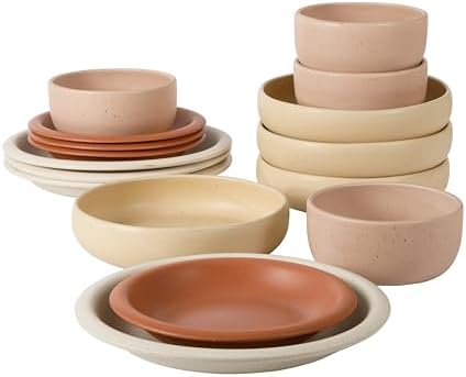 Bloomhouse Corsica Clay Dinnerware Set - Stackable Colorful Boho Reactive Glaze Plates and Bowls Set -2 Time Oprah's Favorite Things Brand- 16 Piece (Service for 4)- Matte Assorted Pottery Colors by Bloomhouse