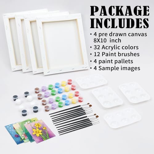 VOCHIC 4 Pack Sip and Paint Kit, Pre Drawn Canvas for Painting for Adults Kids Pre Printed Canvas to Paint Party Supplies Girls Night Games Date Night Art Set Flower Theme 8x10 in - Image 5