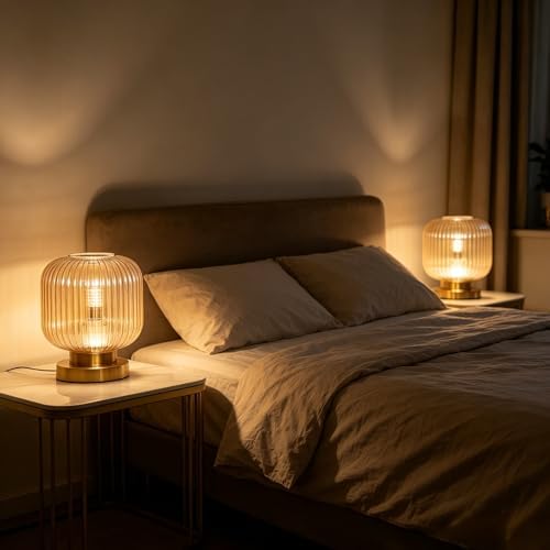 Mid Century Modern Table Lamp, Amber Ribbed Glass Nightstand Light with Gold Base, Vintage Decorative Desk Lamp for Bedroom Living Room Study - Image 4