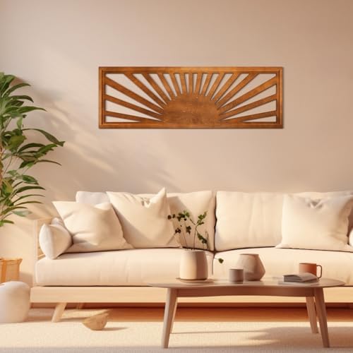 Burbell Horizontal Sun Wall Art, Boho Wooden Room Decor, 35"x12" Dark Brown by Duucoepl