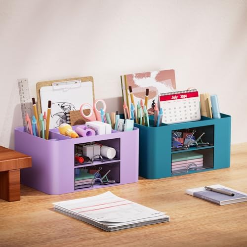 Marbrasse Pen Organizer with 2 Drawer, Multi-Functional Pencil Holder for Desk, Desk Organizers and Accessories with 5 Compartments + Drawer for Office Art Supplies (Purple) - Image 5