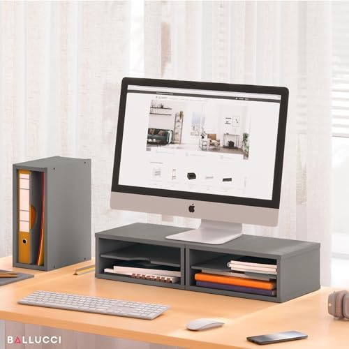 Ballucci File Organizer, 2-Tier Document Paper Sorter, Stackable Wood Desk Organizer Mail Holder, Monitor Stand with Storage Shelves, Gray - Image 2