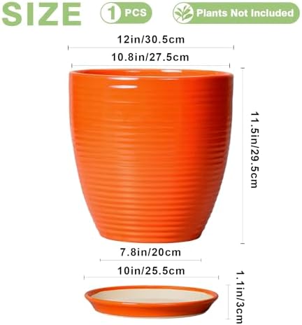 12 Inch Plant Pot, Ceramic Planters for Plants with Drainage and Saucer, Orange - Image 3