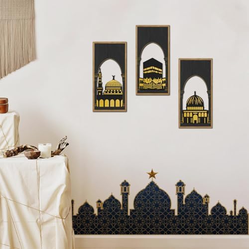 KAIRNE Eid al-Fitr Wooden Wall Art,3pcs 8”X16” Islamic Festival Decorations,Muslim Home Hanging Decor,Framed Mosque Wall Sculptures,Eid Ramadan Kareem Decoration,Rustic Religious Artwork Gift for Friend Family Living Room Bedroom Decor - Image 6