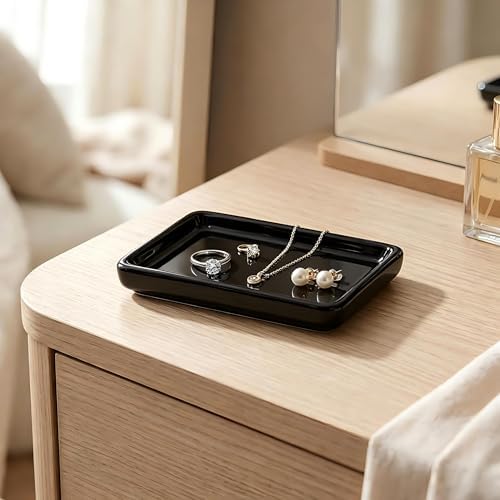 Square Minimalist Ceramic Ring Dish, Black Jewelry Tray for Women, Modern Vanity Decor & Organizer, Ideal Engagement Wedding Birthday Christmas Gift for Friend Sister - Image 4