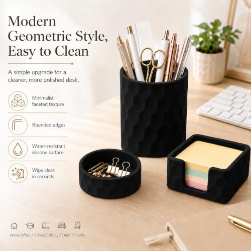 Aesthetic Geometric Silicone Desk Organizer Set of 3,Modern Office Desk Accessories with Round Pen Holder,Paperclip Tray,Sticky Note Holder,Stylish Functional Desk Decor for Home Office(Black) - Image 2