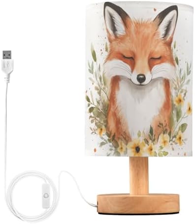 Watercolor Lovely Fox with Flower Design Bedside Table Lamps with USB Port for Bedroom Lamp Accent Table Lamp Small Nightstand Lamp Sturdy Linen Shade Decorative Lamps for Home Living Room Kids by Fustylead
