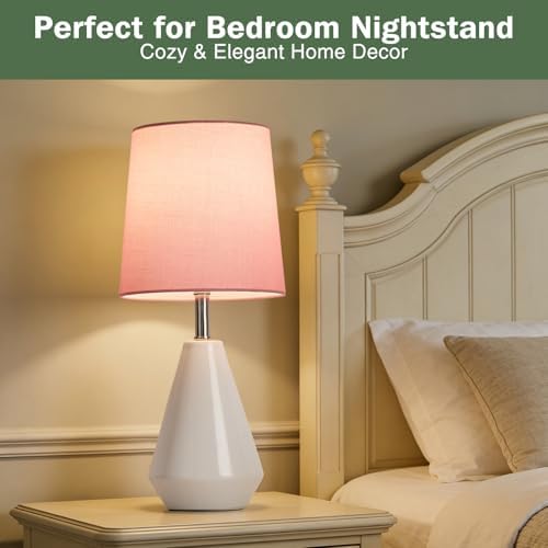 Small Bedside Table Lamp for Bedroom-Reading Desk Lamp Set of 2,with 3 Color Temperatures,15.5" Nightstand Ceramic Lamp with Fabric Shade for Kids Room,Living Room,Dorm,Home Office - Image 3