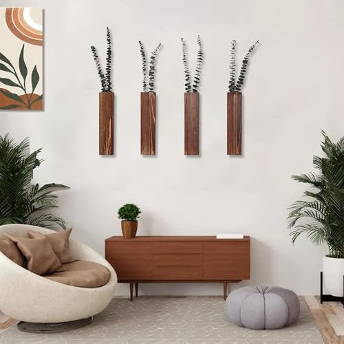 Wooden Wall Planter Set of 4 - Modern Home Decor for Living Room, Bedroom, Bathroom - Walnut Finish Planter for Dried Flowers, Faux Greenery, Indoor Plants - Image 2