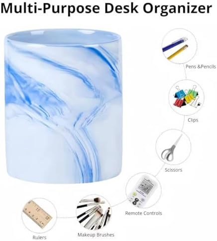 Ceramic Pen Holder for Desk Cute Office Supplies Cubicle Decor Kawaii Workspace Accessories Boho Makeup Organizer for Women Girls Pencil Cup Aesthetic Rotating Caddy for Home Office (Blue A) - Image 3
