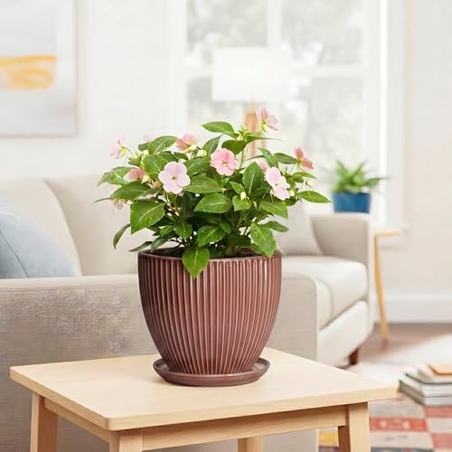 8 Inch Ceramic Flower Pots, Plant Pots Indoor with Drainage Hole and Saucer, Round Flower Pot for Indoor Plants, Decorative Modern Planter, Garden House Decor, Gardening Gifts, Rust Red - Image 6