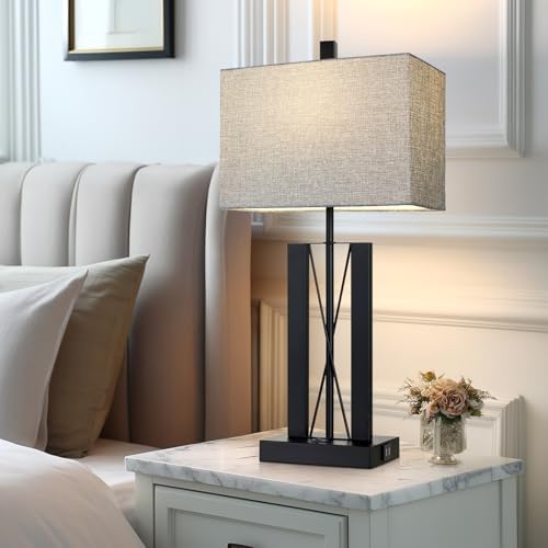 Lolikit 25" Table Lamps Set of 2, Modern Table Lamp for Living Room with 2 USB Charging Ports, Nightstand Geometric Industrial Bedside Lamp with Gray Shade for Bedrooms End Table Decor, Bulbs Included - Image 5