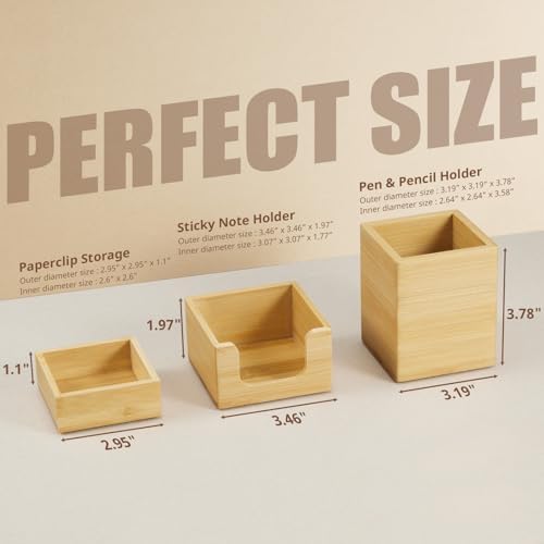 Desk Organizer Set of 3 - Bamboo Office Desk Accessories - Desk Organizers and Accessories for Women Men - Set incl. Pencil Pen Holder, Paperclip Storage and Sticky Note Holder - Image 2