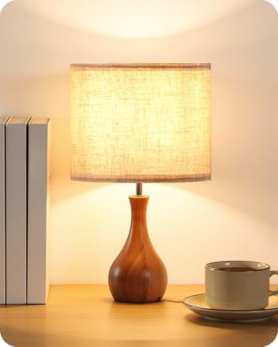 Small Table Lamp, 14.2" Wood Bedside Lamp, Little Cute Desk Lamp with Dark Wood Bottle-Shaped Base & Beige Linen Lampshade, Nightstand Lamp for Bedroom, Small Space, E26 Socket, LE09TL05 by GOEBLESON