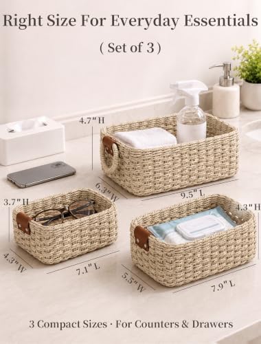 Small Wicker Baskets, 3 PCS Paper Rope Baskets for Shelves, Beige - Image 2