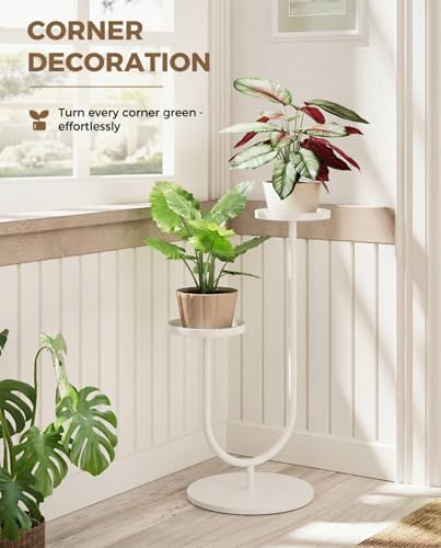 Bamworld Metal Plant Stand Indoor Corner Plant Stands 2 Tier Plant Shelf for Tall Plant Holder Black Plant Shelves for Living Room Bedroom Midcentury Modern Home Decor(White) - Image 5