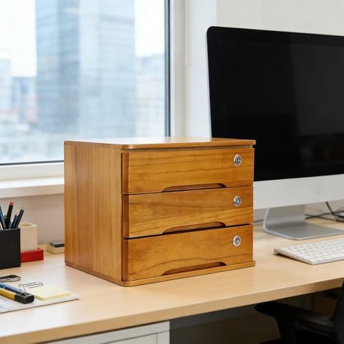Wooden Desktop Storage Box with Lockable Drawers, Flat File Cabinet Drawer Desktop Storage Box, Countertop Storage Cabinet for Office Home Toiletries Supplies Vanity (Wood yellow, 3 Drawer) - Image 4